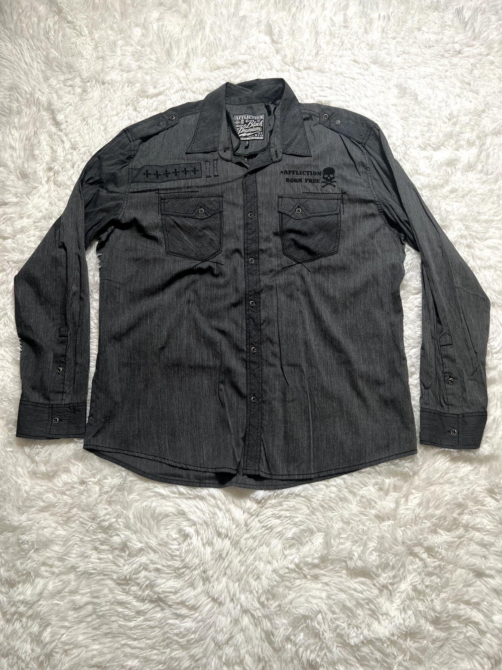 Vintage Y2K Men’s Affliction Black Premium Long Sleeve Button Up Graphic Shirt